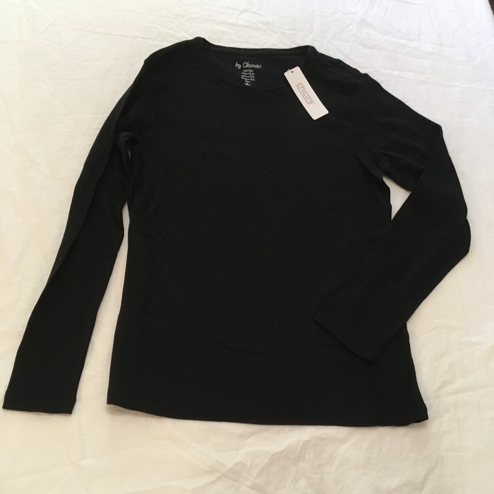 NWT CHICOS LONG SLEEVE COTTON TEE . BLACK.